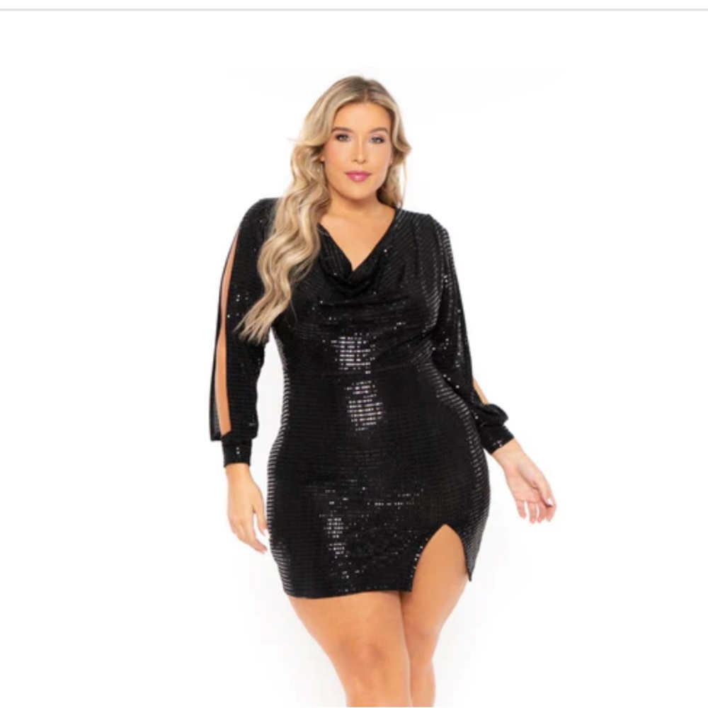 Curvy Sense: PLUS SIZE ALLIE METALLIC SEQUINS DRESS - BLACK